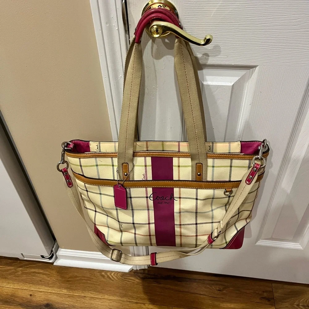 Coach Beige Plaid Canvas Laptop Tote with Pink Accent